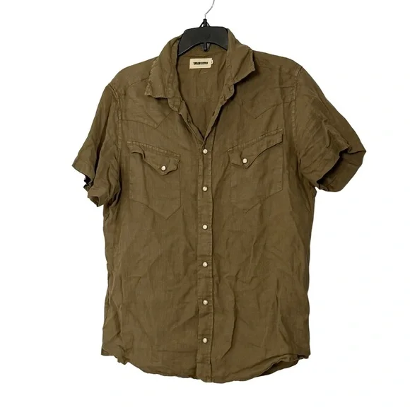 Taylor Stitch Olive Linen Western Short Sleeve Shirt - 40 / Medium